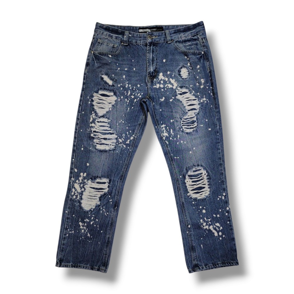 Brooklyn Xpress Distressed Bleached Straight Leg‎ Blue Denim Jeans Men's 36x29